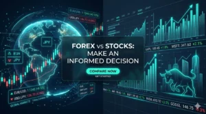 A comprehensive financial markets comparison dashboard contrasting forex vs stocks charts for beginners.