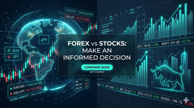 A comprehensive financial markets comparison dashboard contrasting forex vs stocks charts for beginners.