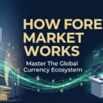 A conceptual illustration explaining how forex market works by connecting massive banking institutions with everyday individuals who trades forex from home.