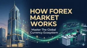 A conceptual illustration explaining how forex market works by connecting massive banking institutions with everyday individuals who trades forex from home.