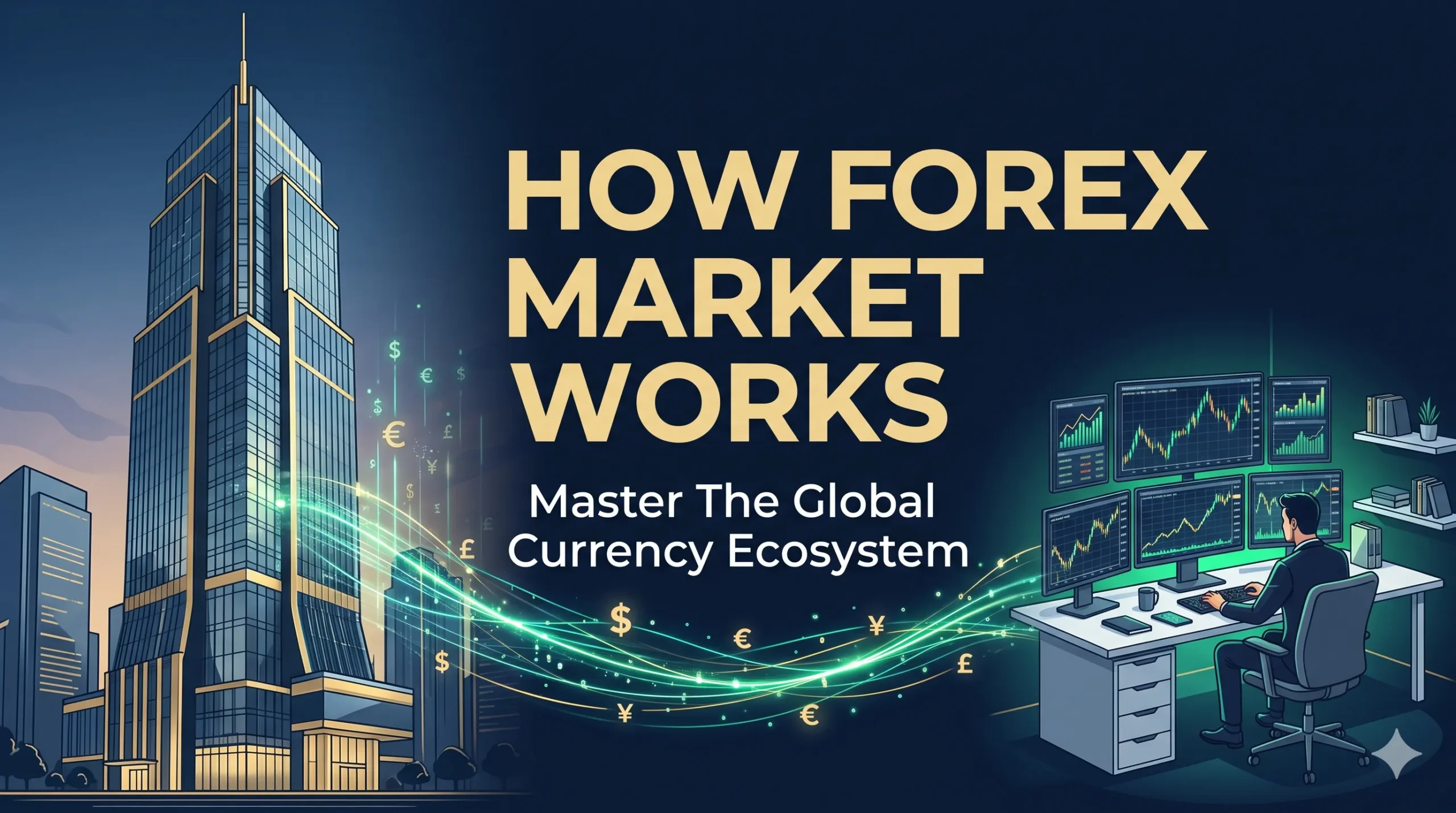 A conceptual illustration explaining how forex market works by connecting massive banking institutions with everyday individuals who trades forex from home.