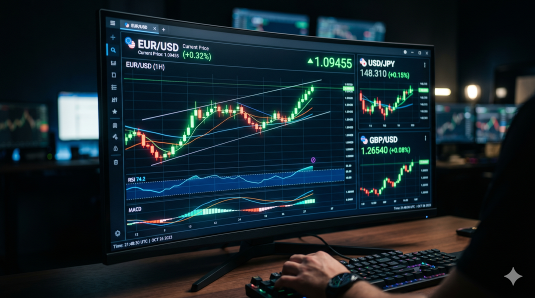 A professional trader analyzing live charts to apply forex scalping strategies on a digital monitor