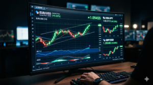 A professional trader analyzing live charts to apply forex scalping strategies on a digital monitor