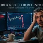 A stressed inexperienced trader looking at falling red charts, illustrating the psychological forex risks for beginners and the importance to protect trading capital