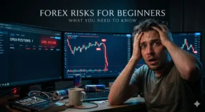 A stressed inexperienced trader looking at falling red charts, illustrating the psychological forex risks for beginners and the importance to protect trading capital