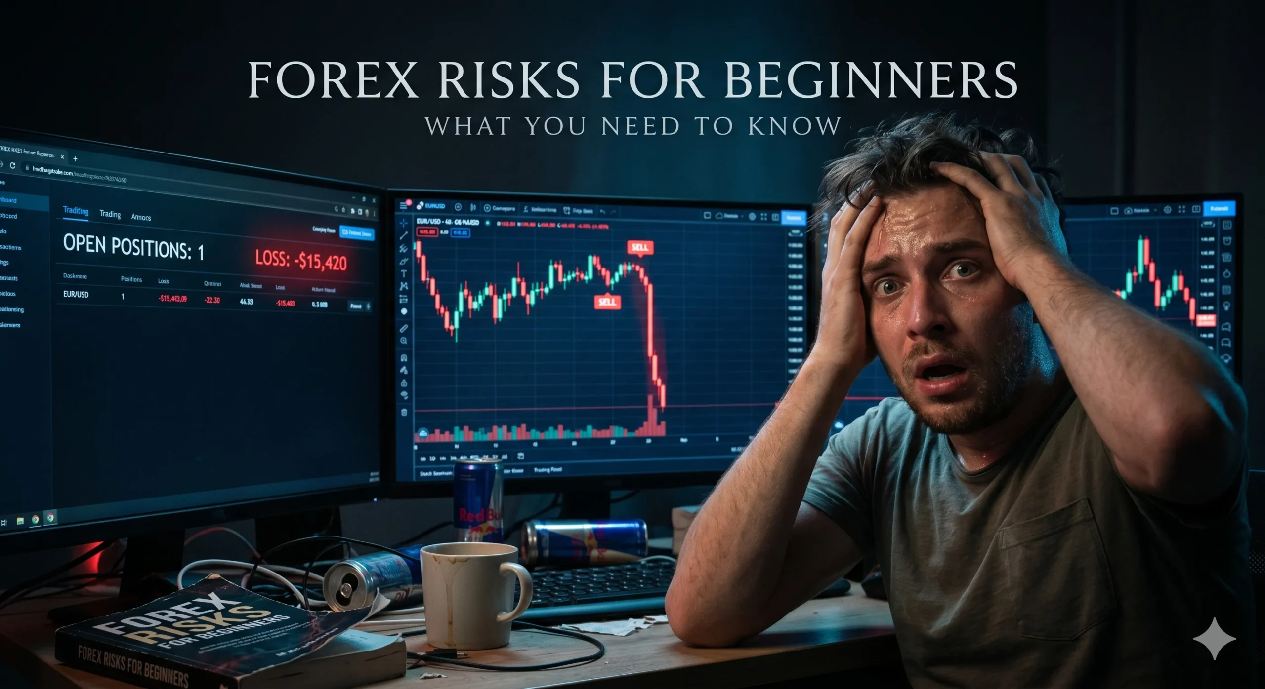 A stressed inexperienced trader looking at falling red charts, illustrating the psychological forex risks for beginners and the importance to protect trading capital