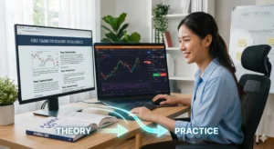 A digital illustration of a simulated broker account screen helping users understand what is forex trading and practical chart analysis in forex trading for beginners (generate image by ai)