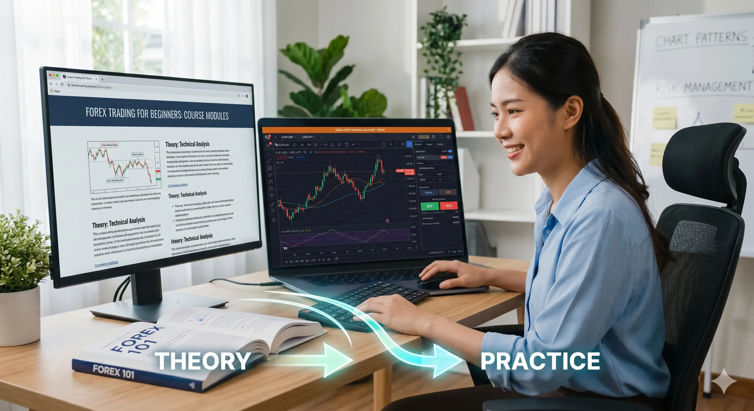 A digital illustration of a simulated broker account screen helping users understand what is forex trading and practical chart analysis in forex trading for beginners (generate image by ai)