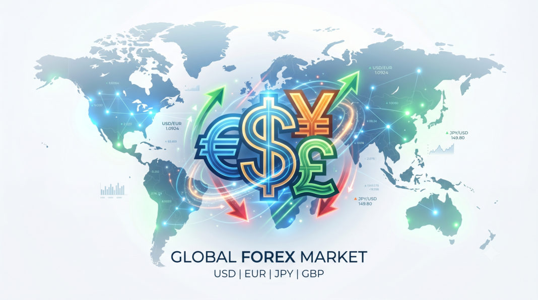 A conceptual illustration of the global forex market, showing different world currencies being exchanged with arrows and glowing lines