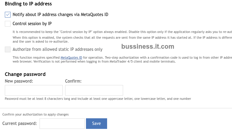 change MQL5 password form showing New password, Confirm, and Current password fields