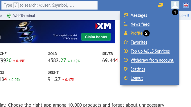 change MQL5 password - navigating to profile menu on mql5.com