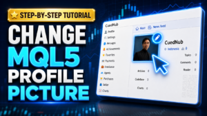 Step-by-step tutorial banner showing how to change MQL5 profile picture and update account avatar.