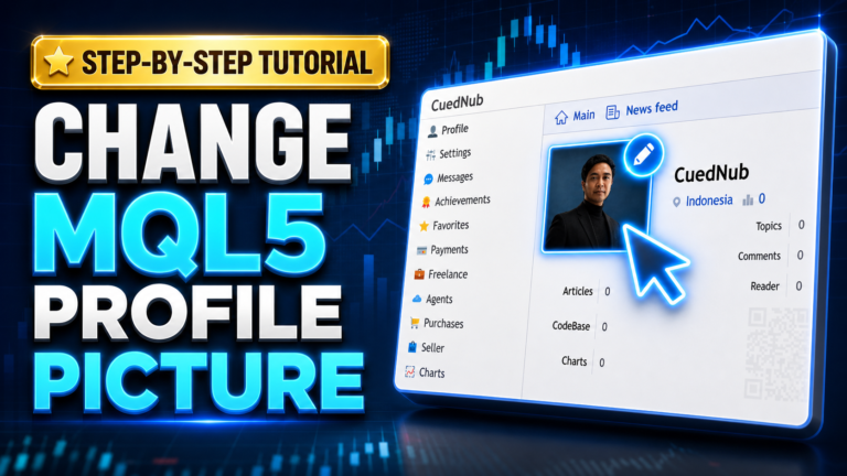 Step-by-step tutorial banner showing how to change MQL5 profile picture and update account avatar.
