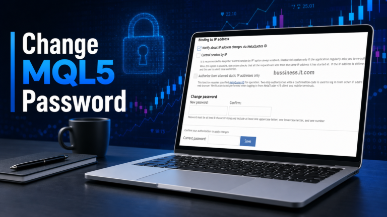 MQL5 account security settings page showing the form fields to change MQL5 password.