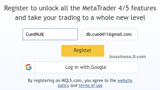 MQL5 account registration guide showing the manual registration form with login and email fields