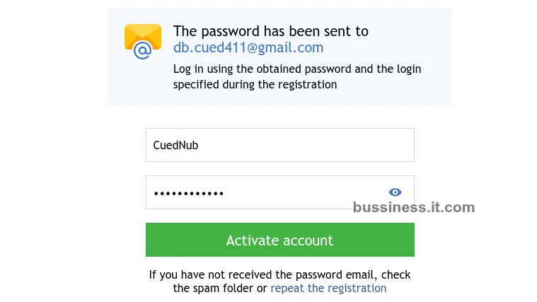 Activate account form with auto-filled login username and password input