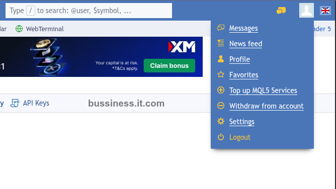 MQL5 profile dropdown menu with Logout option highlighted