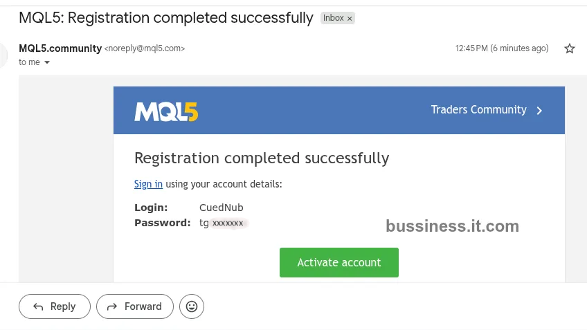 MQL5 registration confirmation email showing default login and password
