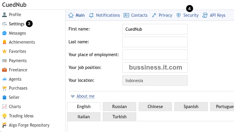 MQL5 account settings page showing the Security tab highlighted